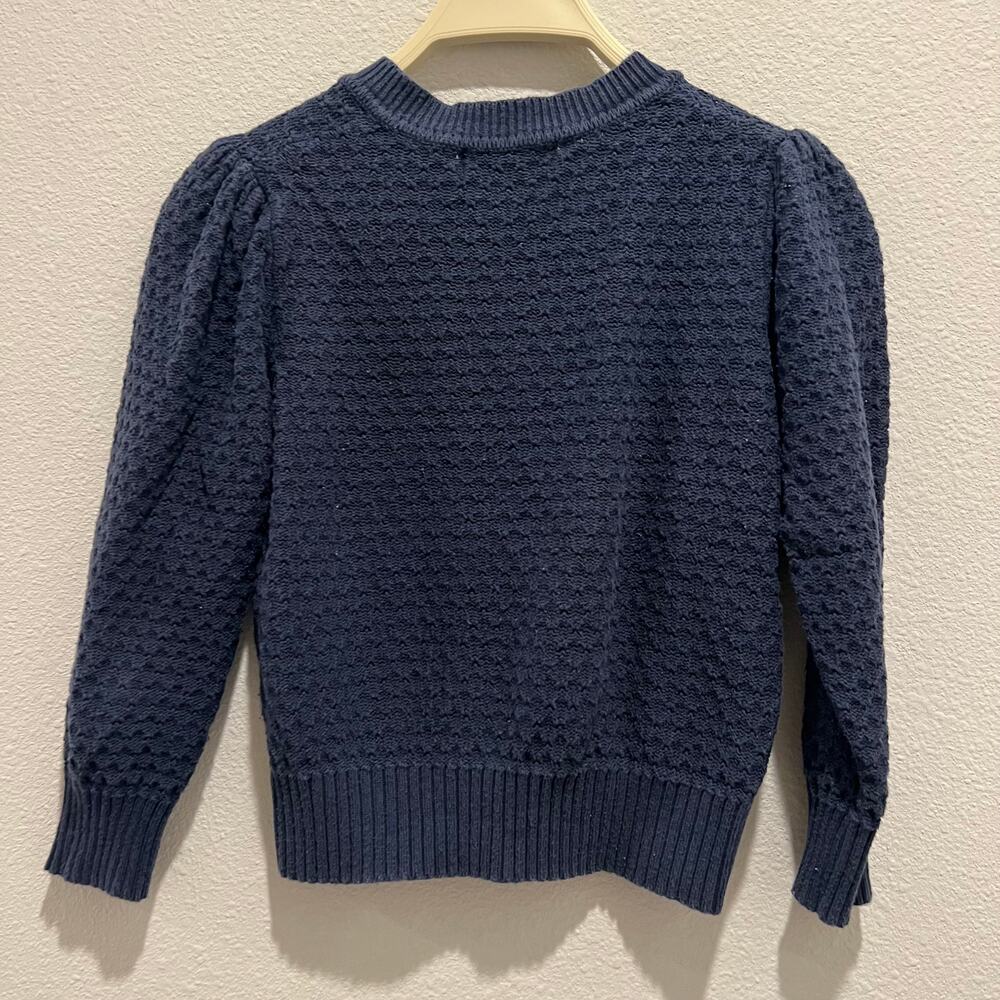 YEMAK Navy Blue Crochet Knit Cropped Cardigan 3/4 Sleeve Crewneck Vintage Style - Picture 4 of 7